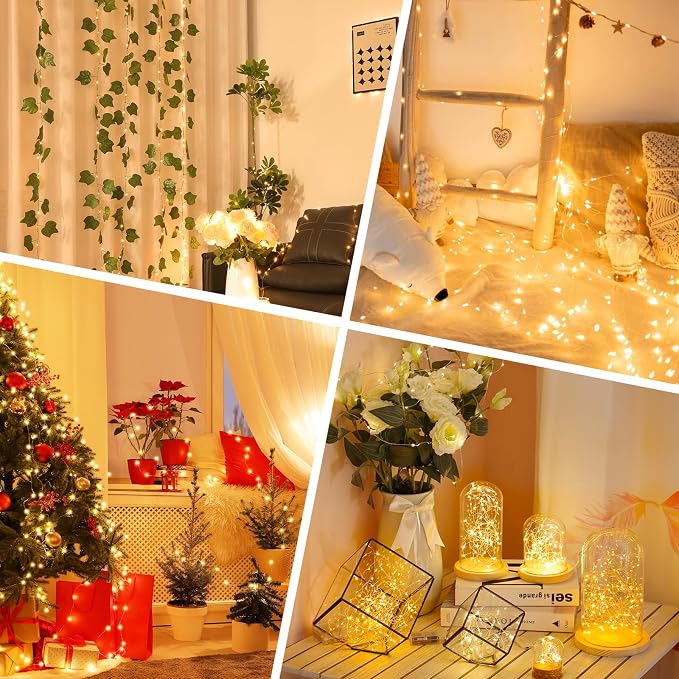 64FT(16×4) Warm White Rechargeable Fairy Lights, 8 Modes Waterproof Battery Operated Mini Twinkle Lights with Timer for Bedroom Christmas Xmas Tree Wedding Decor