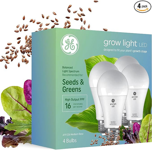 GE Grow Lights for Indoor Plants, A19 LED Light Bulbs for Seeds and Greens with Balanced Light Spectrum, White Indoor Plant Light, 25,000 Hours Lifespan, 16 PPF, 4 Pack (Packaging May Vary)