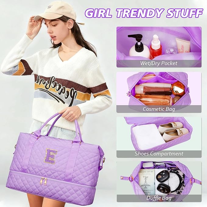 Gifts for Teen Girls Initial Travel Duffle Bag Quilted Weekender Bags Carry-On Overnight with Cosmetic Bag, Gym Bag with Shoe Compartment, Purple-E