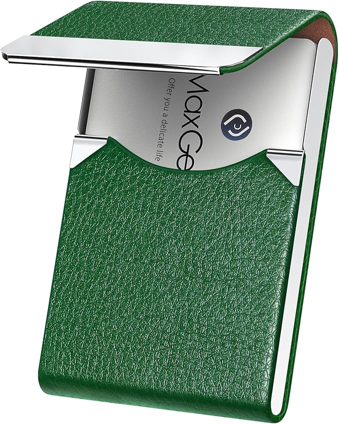 MaxGear Business Card Holder, Slim PU Leather & Stainless Steel Business Card Case for Men & Women, RFID Blocking Name Card Holder with Magnetic Closure, Dark Green