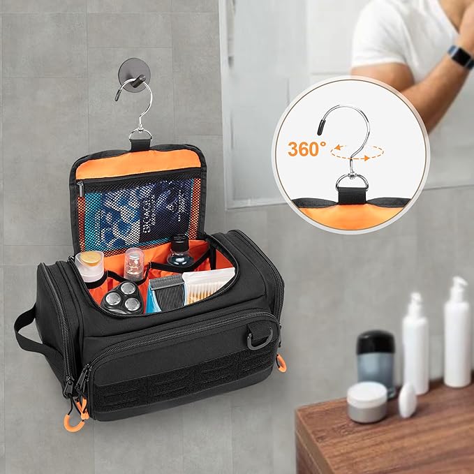 Tactical Toiletry Bag for Men, Hanging Hygiene Bag, Travel Dopp Kit Organizer for Shaving, Shower Essentials and Toiletries, Black (Empty Bag)