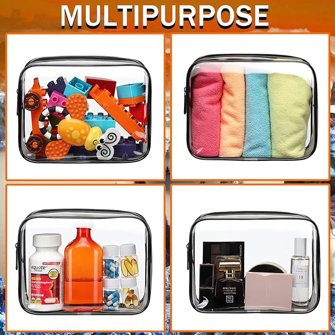 6 Pieces Clear Cosmetics Bag Bulk, TSA Approved Toiletry Bag for Travel, PVC Zippered Clear Pouch Cosmetic Makeup Bag Waterproof Vinyl Plastic Organizer Case for Vacation Bathroom (Large)