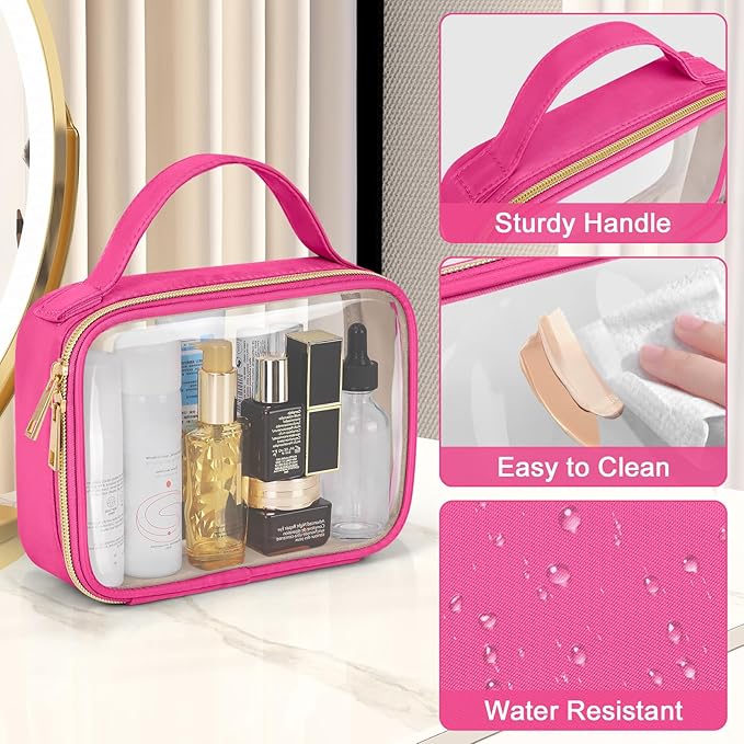 Wedama TSA Approved Toiletry Bag, 3 Pack Clear Makeup Bags with Handles, Quart Size PVC Clear Cosmetic Bags for Women and Men, Carry on Airport Airline Compliant Bag, Rose Red