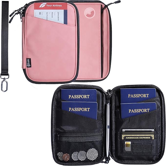 family passport holder for 4 multiple passport bag for travel passport cover rfid blocking for women waterproof wallet with zipper airtag passport case for men (pink with faint patterns)