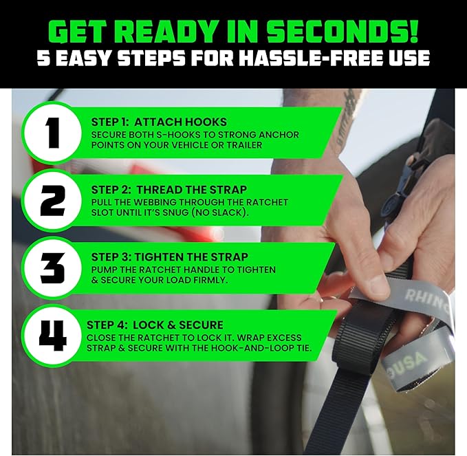 Rhino USA Ratchet Straps Tie Downs (4-Pack) - 1 Inch x 15 Feet (1,823lb Break Strength) - Ultimate Tie Down Straps with Safety S Hooks - for Trucks, Cargo, Moving, Appliances - Black