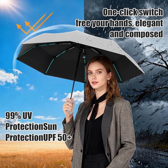 Compact Automatic Folding Travel Umbrella-Windproof Rainproof, PF50+ Sun Protection for Hiking,Outdoor,Chool,Golf Course & Daily Use,Sturdy Multi-Ribbed Frame