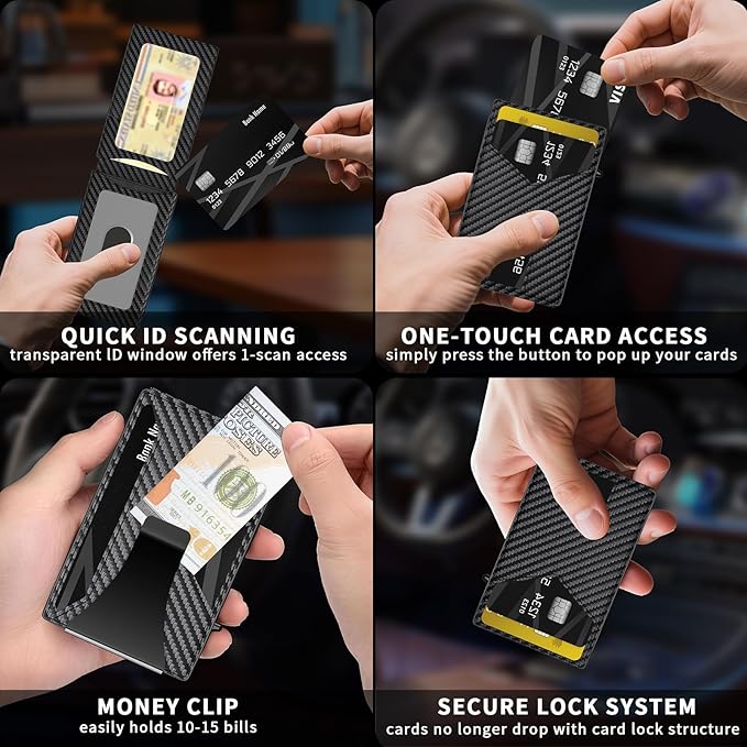 Wallet for Men Aluminum RFID Blocking -Metal Smart Pop-Up Credit Card Holder with 2 ID Windows, Holds 8-10 Cards,Bifold Security Front Pocket Wallet & Money Clip,Men's accessories(Carbon)
