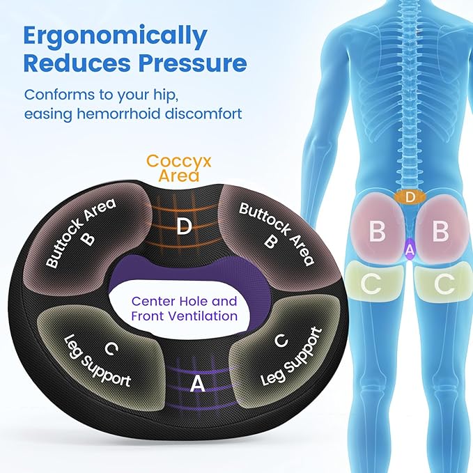 Donut Pillow for Tailbone Pain, Hemorrhoids - Cooling Gel Memory Foam Chair Seat Cushion for Office, Home & Wheelchair, Ergonomic Chair Pad for Pregnancy, Sciatica, Coccyx (Large, Black)
