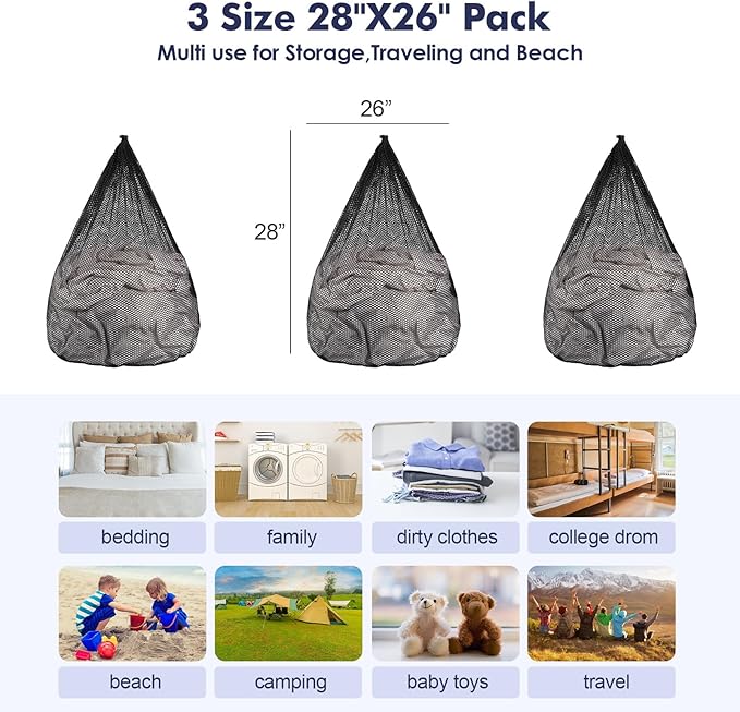 3Pcs Mesh Laundry Bags Washing Machine Mesh Wash Bags Jumbo for Delicates Clothes,Bed Linen,Toys with Drawstring Closure Sturdy (3 XXLarge 28 x 26 Inches,Black)