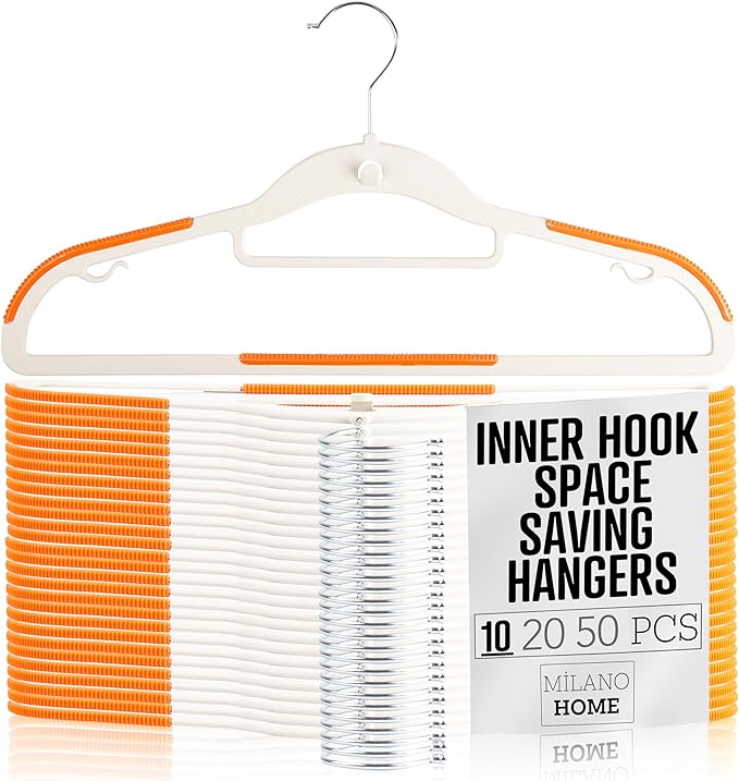 Lightweight White Plastic Hangers 10 Pack with Cascading Hook, Space Saving Thin, Closet Organizer, Orange Anti-Slip Pads, 360° Swivel, Tie Holder