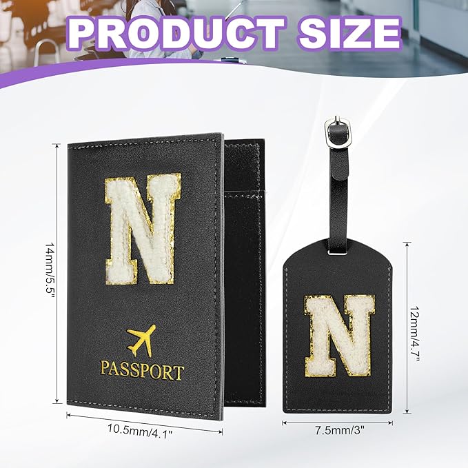 PATIKIL Passport Holder for Travel, Initial Passport Cover and Luggage Tag Set with Alphabet Chenille Letter Patch Travel Wallet Bag Suitcase Identifier for Women Family Travel Black N
