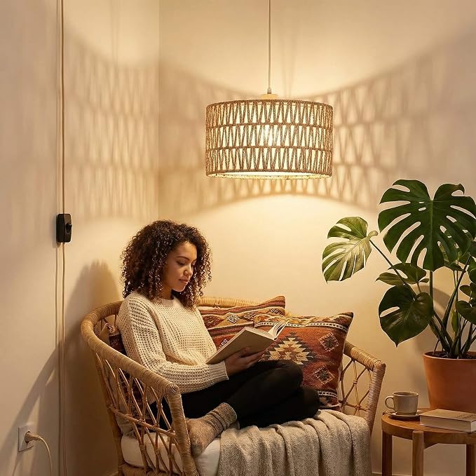 Qingmiao Boho Plug in Pendant Light, Handwoven Shade, 3 Way Bulb, 14ft Cord | Rattan Hanging Lamp Plug in, Dimmable Hanging Light Fixture for Living Room Bedroom Kitchen Ceiling Farmhouse Home Decor