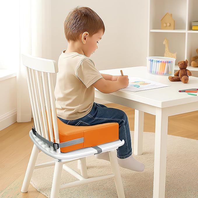 Toddler Booster Seat Dining Table Kitchen Chair, Waterproof Anti-Scratch PU Cushion, Non-Slip Bottom, Adjustable Buckle Straps, Easy Clean Portable Seat Cushion (Orange)