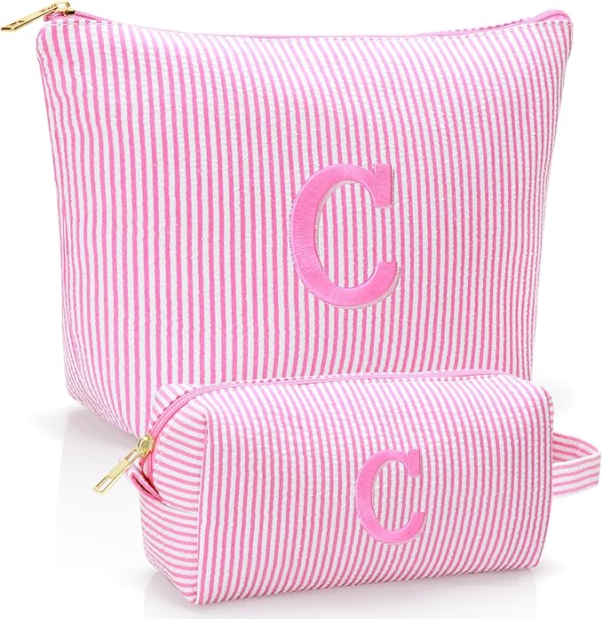 Personalized Initial Makeup Bag,Toiletry Travel Cosmetic Bag,Trendy Stuff for Teen Girls and Women,Holiday & Birthday Gift,2 Pack (C, Pink)