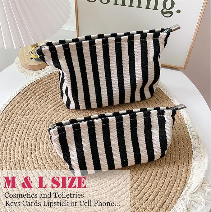 HAPPYHEIDI Small Black White Stripe Makeup Brush Bag Zipper Pouch Women Girls Purse Organizer,Canvas Lined, Premium Zipper