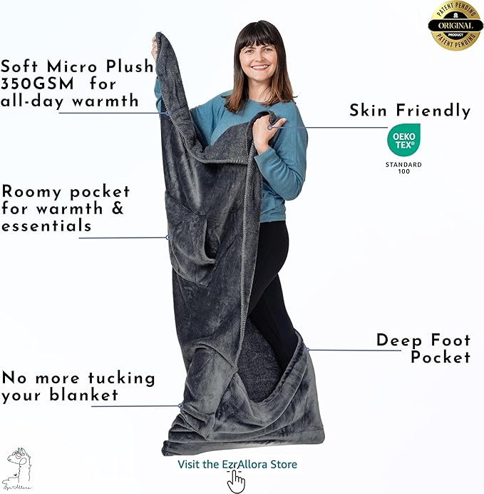 Fleece Lightweight Foot Pocket Blanket -Patent Pending- Dorm Gamer Useful Gifts - TV Throw - Gift for Men Who Wants Nothing (Fleece, Velvet Anthracite)