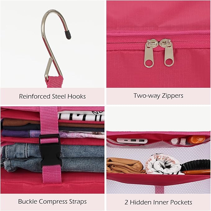 Surblue Hanging 3-Shelf Closet Organizer Pocket Collapsible Washable Oxford Fabric with 2 Hooks (L 11.41 * 11.41 * 19.68in, Rose)