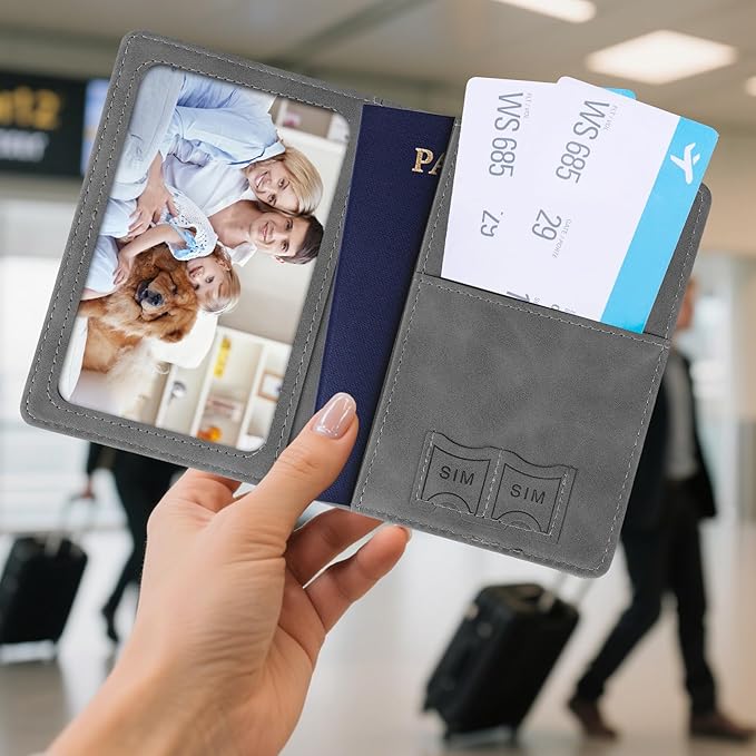 Passport Holder for Travel, RFID Blocking Passport Cover with Pen Holder Leather Passport Wallet Case Travel Must Haves Accessories Passport Book Card Holder for Family Travel Essentials Gifts, Gray