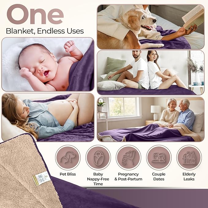 Sacred Weapon Waterproof Blanket for Bed – Waterproof Mattress Protector - Jet Splash Water Proof Towel, Throw, Pad, Mat, Cover - Period Blanket | Washable | Queen & King Size Beds | Purple 80x80