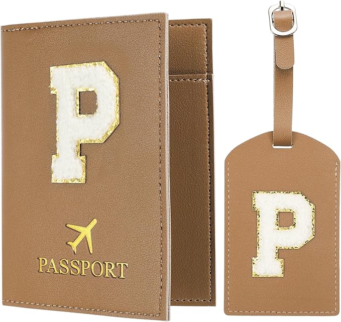PATIKIL Passport Holder for Travel, Initial Passport Cover and Luggage Tag Set with Alphabet Chenille Letter Patch Travel Wallet Bag Suitcase Identifier for Women Family Travel Brown P