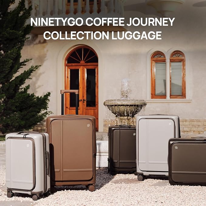 NINETYGO Carry On Luggage 22x14x9 Airline Approved, Top Opening 20 Inch Suitcase with Front Compartment, Expandable, Coffee-Infused PC Shell, Eco-Friendly, Cup Holder, TSA, Spinner Wheels (Americano)