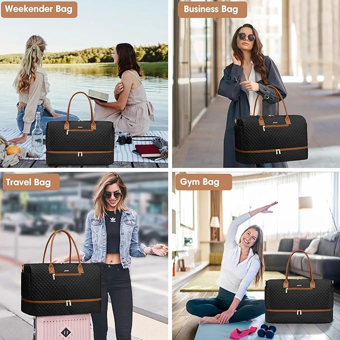 Travel Weekender Duffle Bags for Women - Large Carry On Bag with Shoe Compartment Overnight Bag with Toiletry Bag Duffel Bags with Wet Pocket for Gym Hospital Bags for Labor and Delivery Black Brown