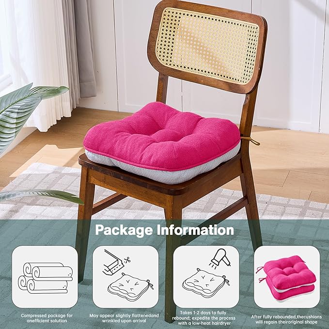 BETU Chair Cushions for Dining Chairs Set of 4,3.5" Thick Kitchen Table Chair Pads with Ties,Non Slip Backing and Covers, Seat Cushion for Dining Room,Bar,Patio Chairs,16"X16"X3.5",Hot Pink