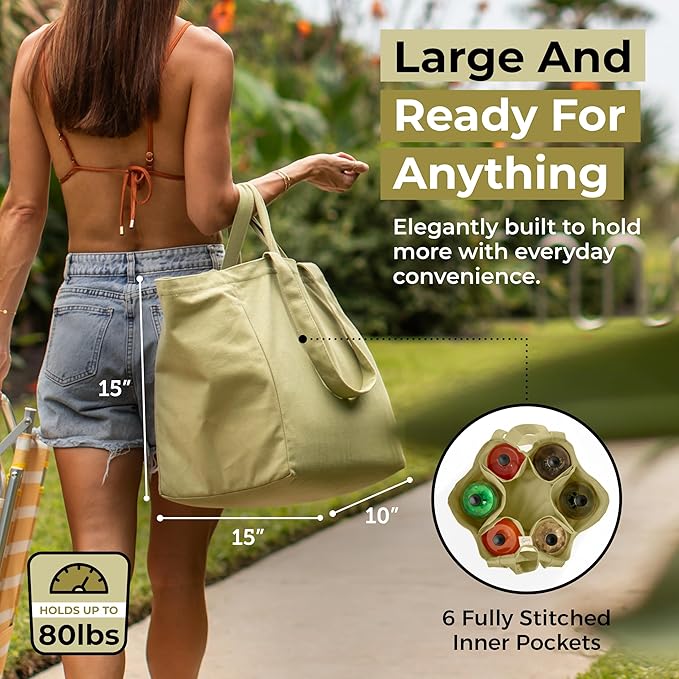 VeraMia Canvas Grocery Bag 3pc XL Set with Real Pockets, Long Shoulder Strap and Short Handle. Heavy Duty, Foldable, Washable