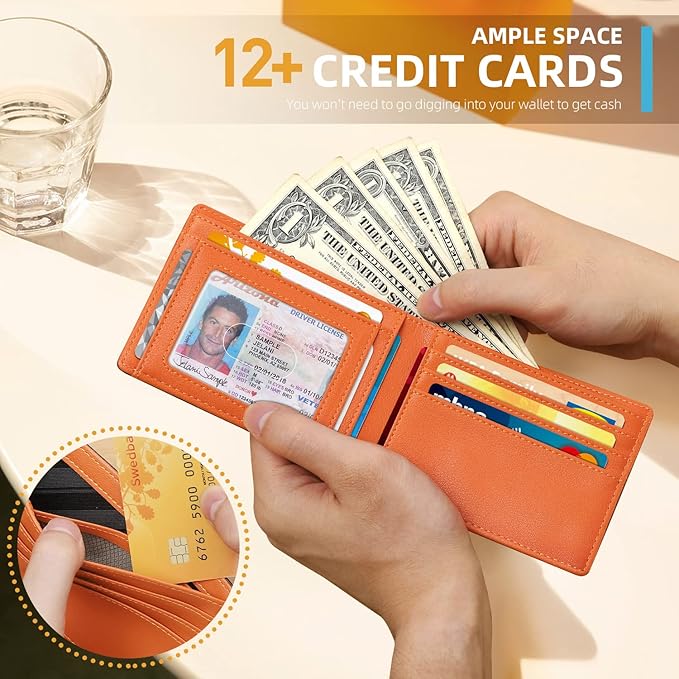 RUNBOX Wallet for Men Slim 11 Credit Card Holder Slots Leather RFID Blocking Small Thin Men's Wallet Bifold Minimalist Front Pocket Large Capacity Gift Box