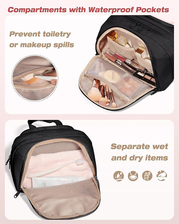 Travel Makeup Bag, Small Size Waterproof Toiletry & Cosmetic Organizer with Leakproof Pockets for Bathroom or Vanity Use for Women, Black