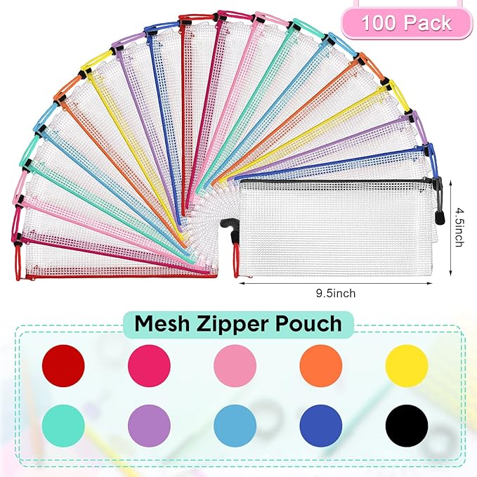 Mimorou 100 Pack Pencil Pouch Bulk Mesh Zipper Pencil Cases 9.5'' x 4.5'' Small Clear Holder Storage Case Multipurpose Cosmetics Toiletry Bags for Office File(Fresh Color)