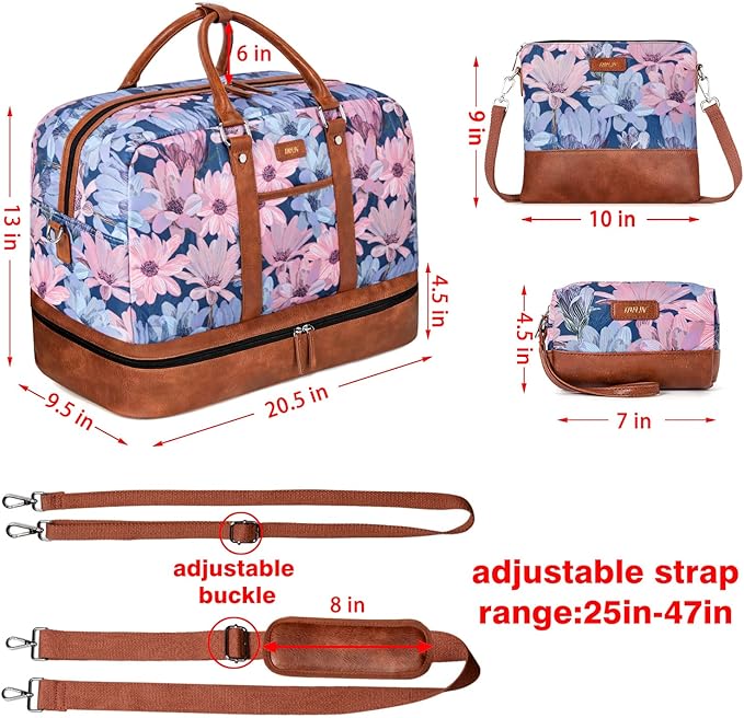 Weekender Bag for Women, Large Overnight Bag Canvas Travel Duffel Bag Carry On Tote with Shoe Compartment 21" 3Pcs Set