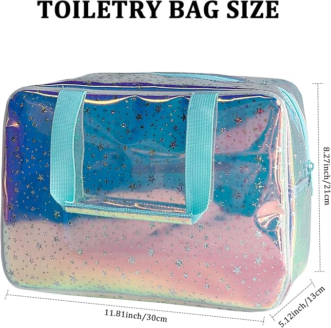 Holographic Blue Clear Star Large Cosmetic Bag and TPU Travel Pouch with Handle,Durable Material,Zipper Design-Ideal for Makeup,Travel Essentials (Holographic Blue+Stars)