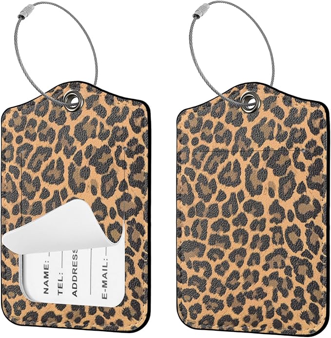 Seorsok 2 PCS Luggage Travel Tags for Suitcases,Cute Brown Leopard PU Leather Name Tag with Privacy Cover&ID Label Address Card and Durable Metal Ring Suitable for Men Women Handbags Backpack,Brown