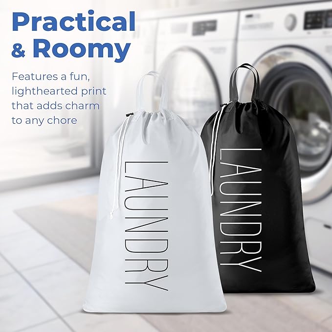 Extra Large Travel Laundry Bag - 2-Pack Fun Print Design Bags for Dirty Clothes - Durable Water-Resistant Fabric - Sturdy Drawstring Closure (Black-White | Laundry)