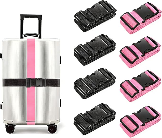 BILIONE Luggage Straps, 79" Long Belts Keep Suitcase Secure While Traveling, TSA Approved Add a Bag Premium Accessory for Travel Bag Closure (Black+Pink, 8Pcs)