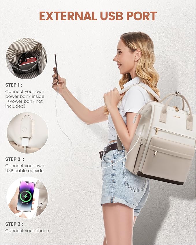 LOVEOVOOK 15.6 Inch Laptop Backpack for Women, Large Capacity Travel Backpack with USB Charging Port, Waterproof Work Backpack for Business, College, Nursing & Airline Travel,Nude White
