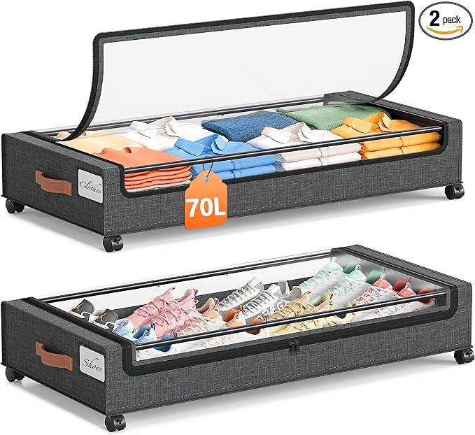 Yecaye 70L Under Bed Storage with Wheels, 2Pack Larger Capacity Under Bed Storage Containers, Underbed Shoe Storage Organizer, Rolling Under Bed Metal Drawers for Shoes, Clothes, Hemp Grey