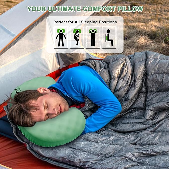 Ultralight Inflatable Camping Pillow with Soft Cover, Compact Compressible Portable Travel Air Pillow, Blow Up Camp Pillows for Outdoor Camp Sport Hiking Backpacking Travel Essential Green