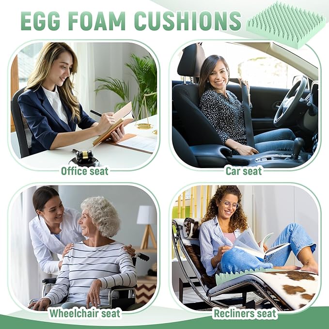 Geiserailie 2 Pcs Egg Foam Pad Eggs Chair Cushion to Relieve Back Foam Seat Cushion Chair Accessories Pad for Office Recliner Wheelchair Home Car (Egg,Light Green)