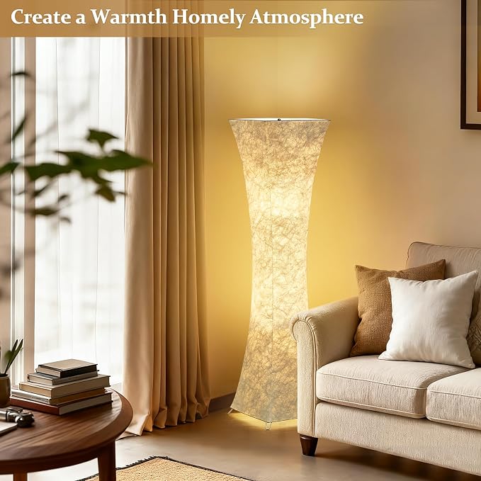 Floor Lamp for Living Room, 47“ Adjustable Color Temperature Standing Corner Floor Lamps, Modern Column Floor Light with White Fabric Shade for Bedroom, Home Office, Kids Room, 2 Bulbs Include