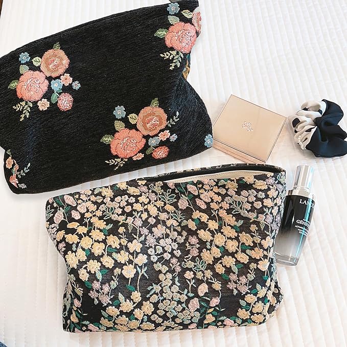 HAPPYHEIDI Women Aesthetic Makeup Bag With Compartment Accessory Zipper Pouch for Cosmetics Travel, Purse Organizer, Embroidery Lucky Flowers Black
