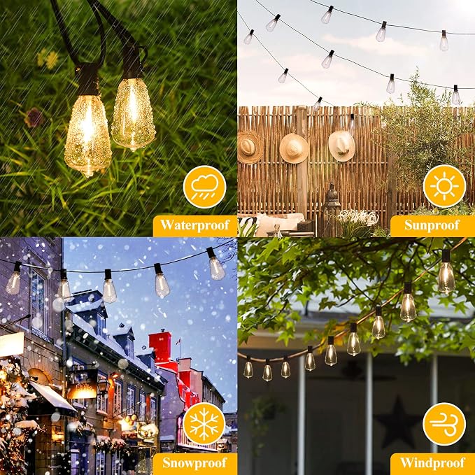 50FT Outdoor String Lights 27 Bulbs, Waterproof Patio Lights | 2 Spare ST38 Edison Bulbs Dimmable, Connectable Plug-in LED Outdoor Lighting for Porch, Garden, Backyard, Balcony, 2700K