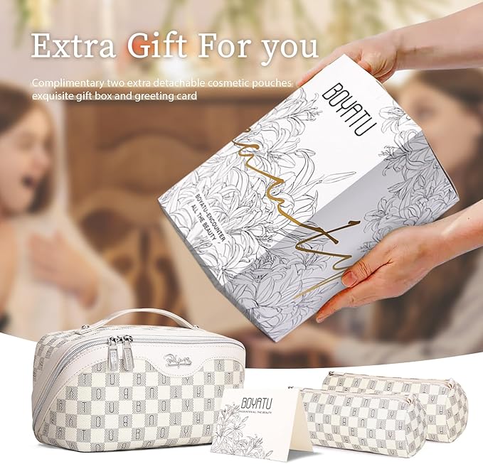 BOYATU Travel Makeup Bag Organizer Cosmetic Bag: 3 Pcs Set Make up Bags for Women with Handle - Waterproof Vegan Leather Toiletry Bags Travel Essentials Pouch with Compartments (H-03-White)