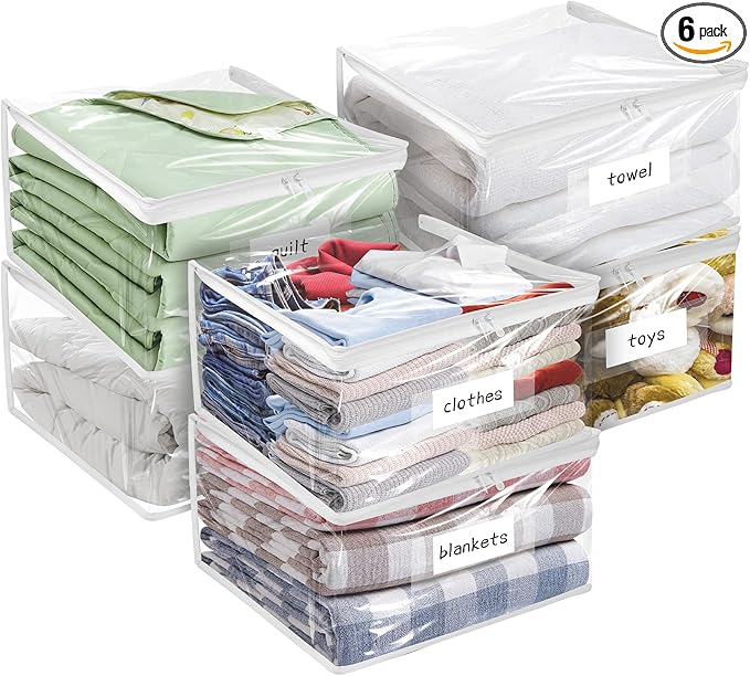 Plastic Storage Bags with Easy-Glide Zipper, Pack of 6, Durable Clear Vinyl Zippered Storage Bags for Clothes Sweaters Comforters Blankets Sheets Bedding (18 x 15 x 9 Inch)