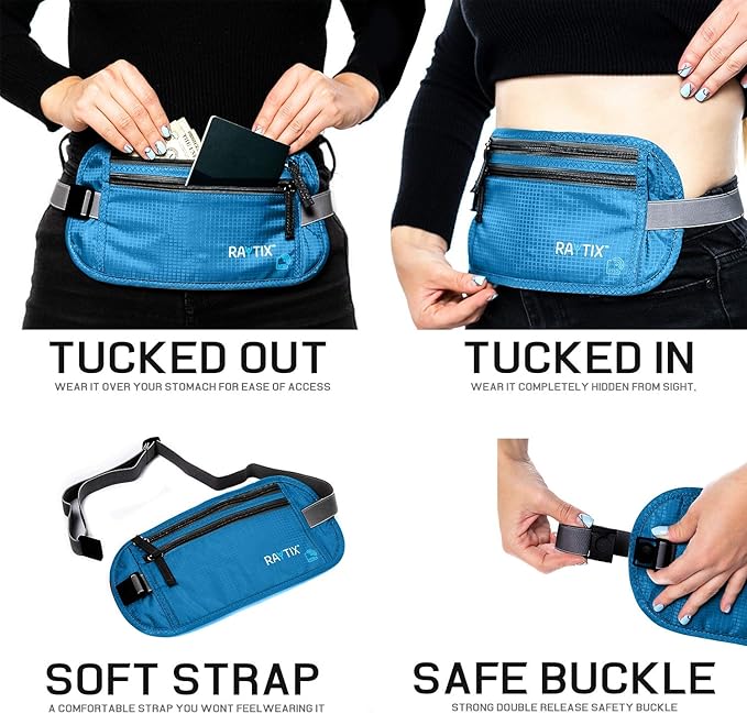 Money Belt For Travel – RFID Blocking Waist Pouch Passport Holder Wallet Belt – Waterproof Hidden Travel Fanny Pack For Men & Women – Secure, Lightweight, Adjustable Strap – Blue
