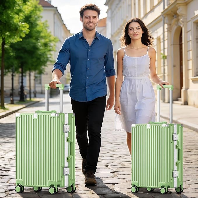 Zipperless Suitcase, 28 Inch Checked Luggage, Hardshell Aluminum Frame Polycarbonate Luggage with Phone Holder, Cup Holder, Charging Port, TSA Lock, Spinner Wheels for Vacations, Fruit Green