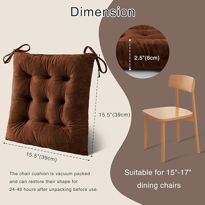OVOV 4 Pack Chair Cushions for Dining Chairs Soft Seat Cushions for Kitchen Desk Chairs Square Chair Pads with Ties (15.5"x15.5" Coffee)