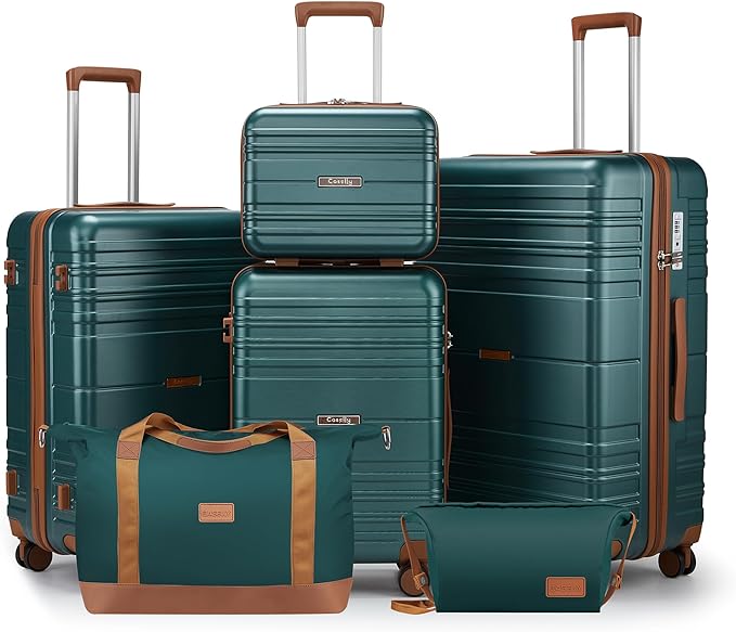 Luggage Sets 6 Piece with Spinner Wheels, Lightweight Hardshell Suitcase Set with TSA Lock, Carry On Checked Luggage Set with YKK Zippers (Dark Green, 6 piece sets（14/20/24/28/DB/TB）)