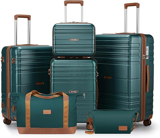 Luggage Sets 6 Piece with Spinner Wheels, Lightweight Hardshell Suitcase Set with TSA Lock, Carry On Checked Luggage Set with YKK Zippers (Dark Green, 6 piece sets（14/20/24/28/DB/TB）)